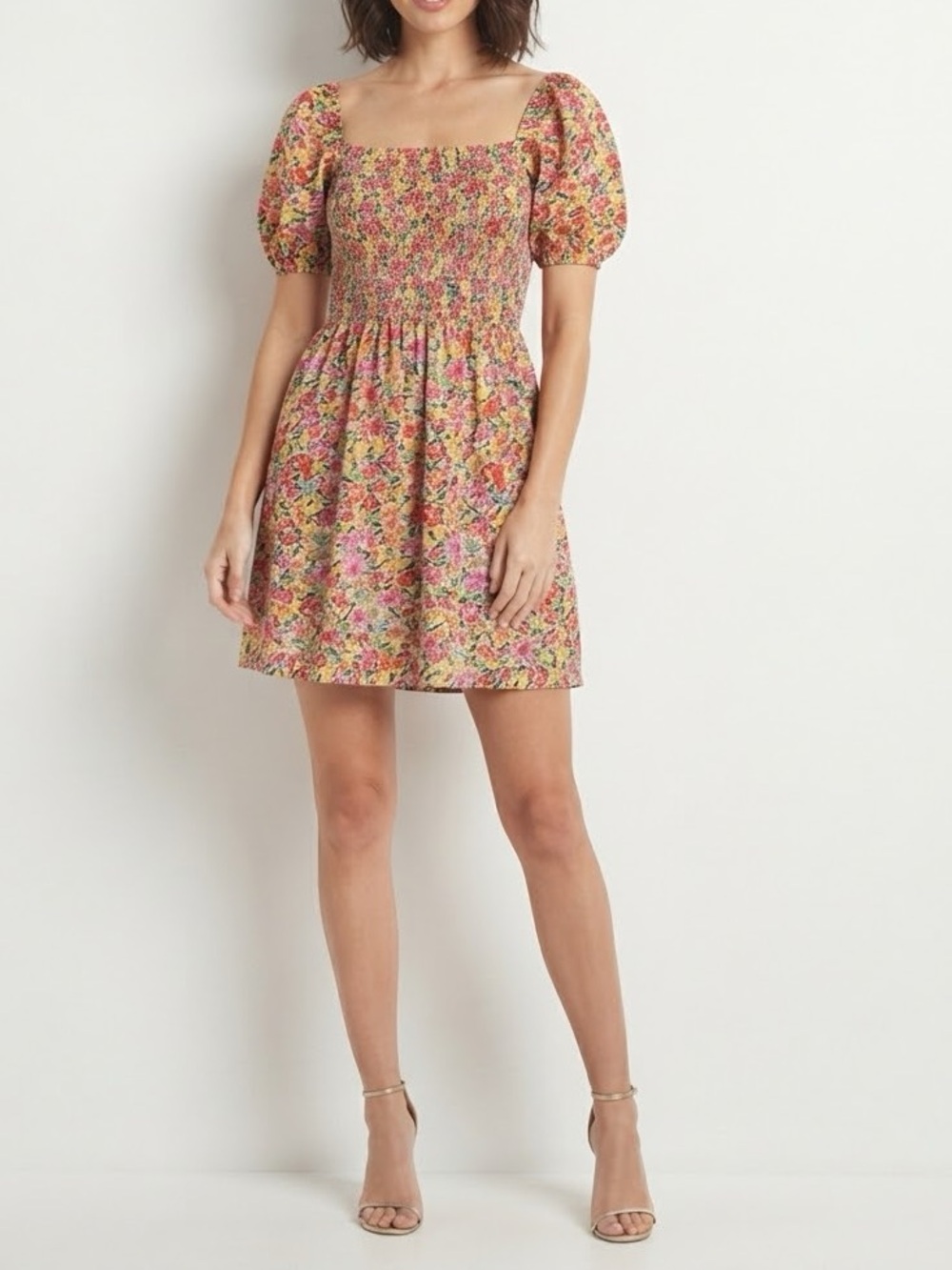 RIXO Floral Smocked Mini Dress in Yellow, Pink, Green